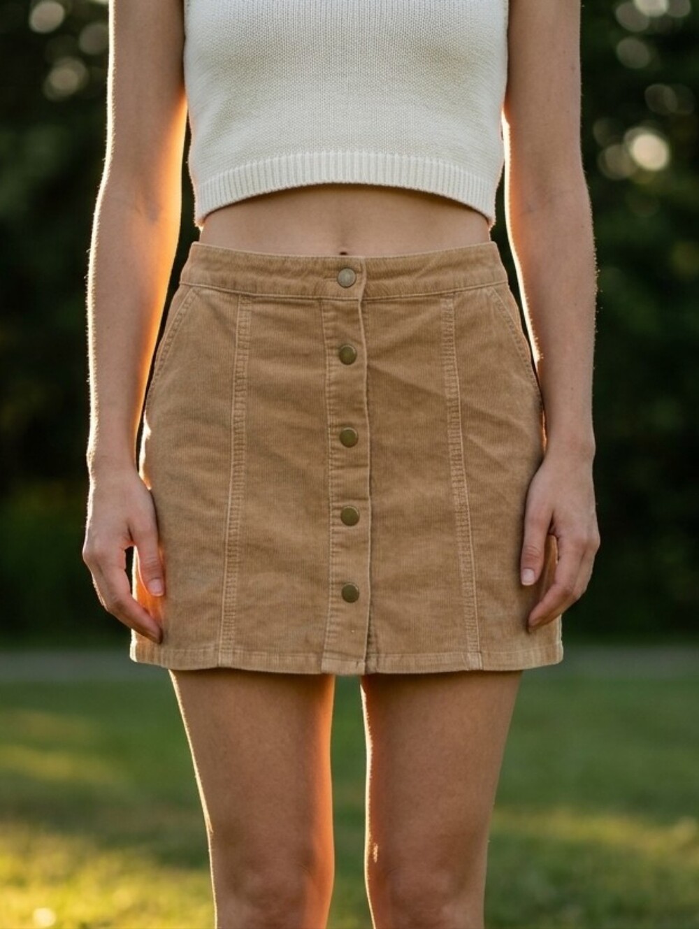 Altar'd State Tan Corduroy Button Mini Skirt